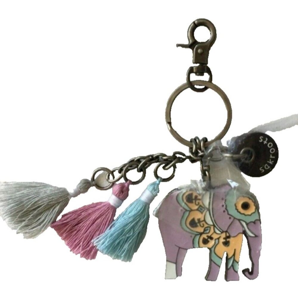 SAKROOTS Enamel Elephant Keychain Fob Purse Charm Purple Multi Tassels